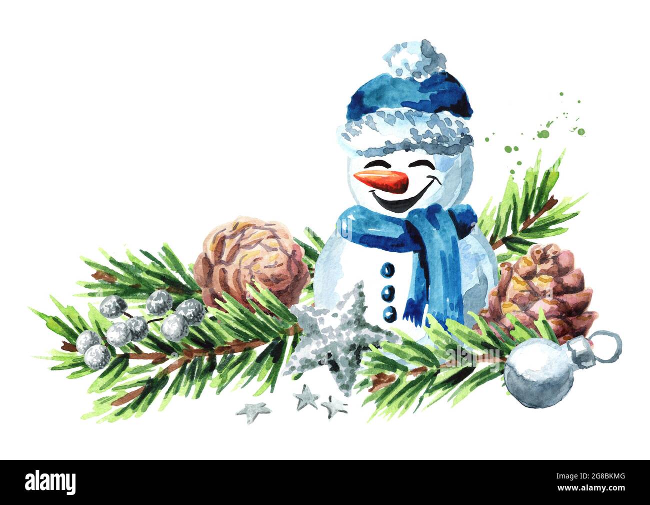 Christmas or New year background with snowman decorated with fir ...