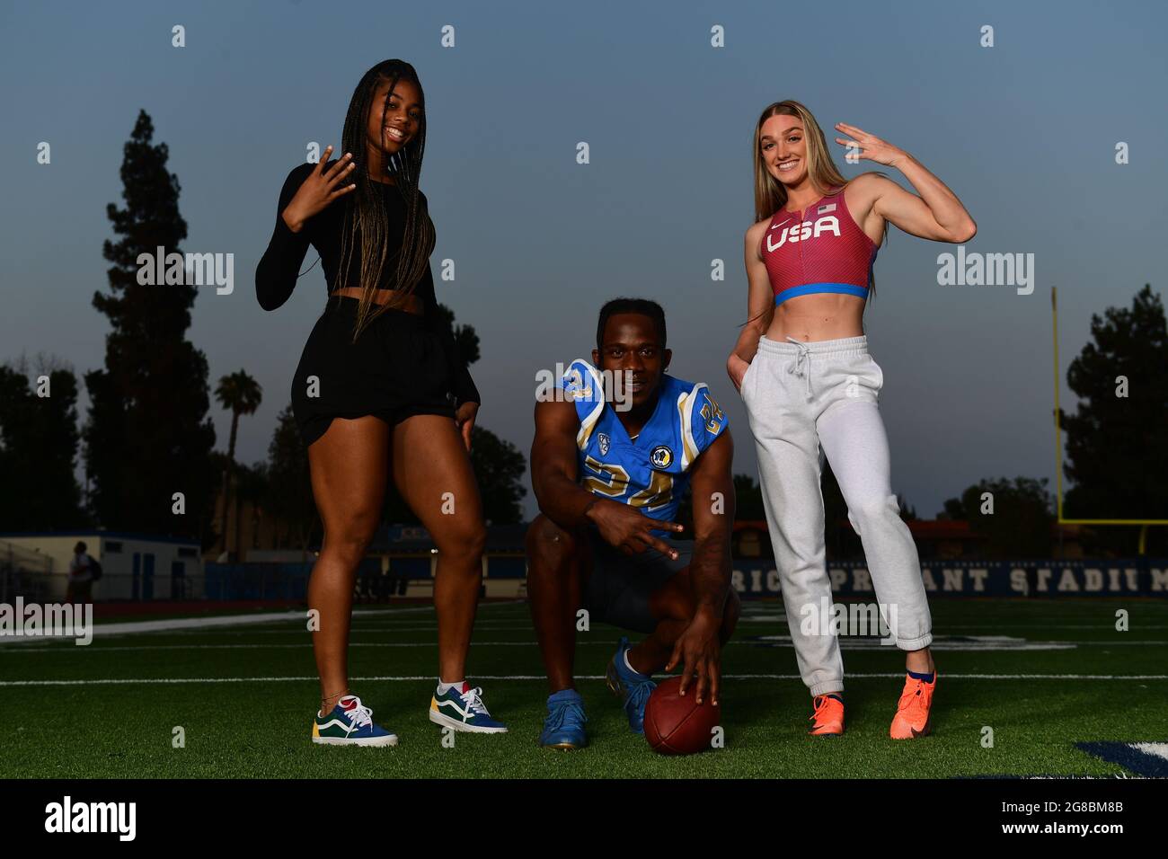 UCLA Bruins athletes Kennedy Faulknor (soccer), left, Qwuantrezz Knight