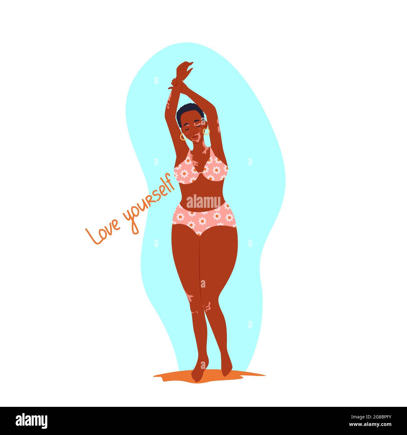 African american woman with vitiligo in swimsuit with arms raised up, positive body, vector illustration in flat style. Cartoon Stock Vector