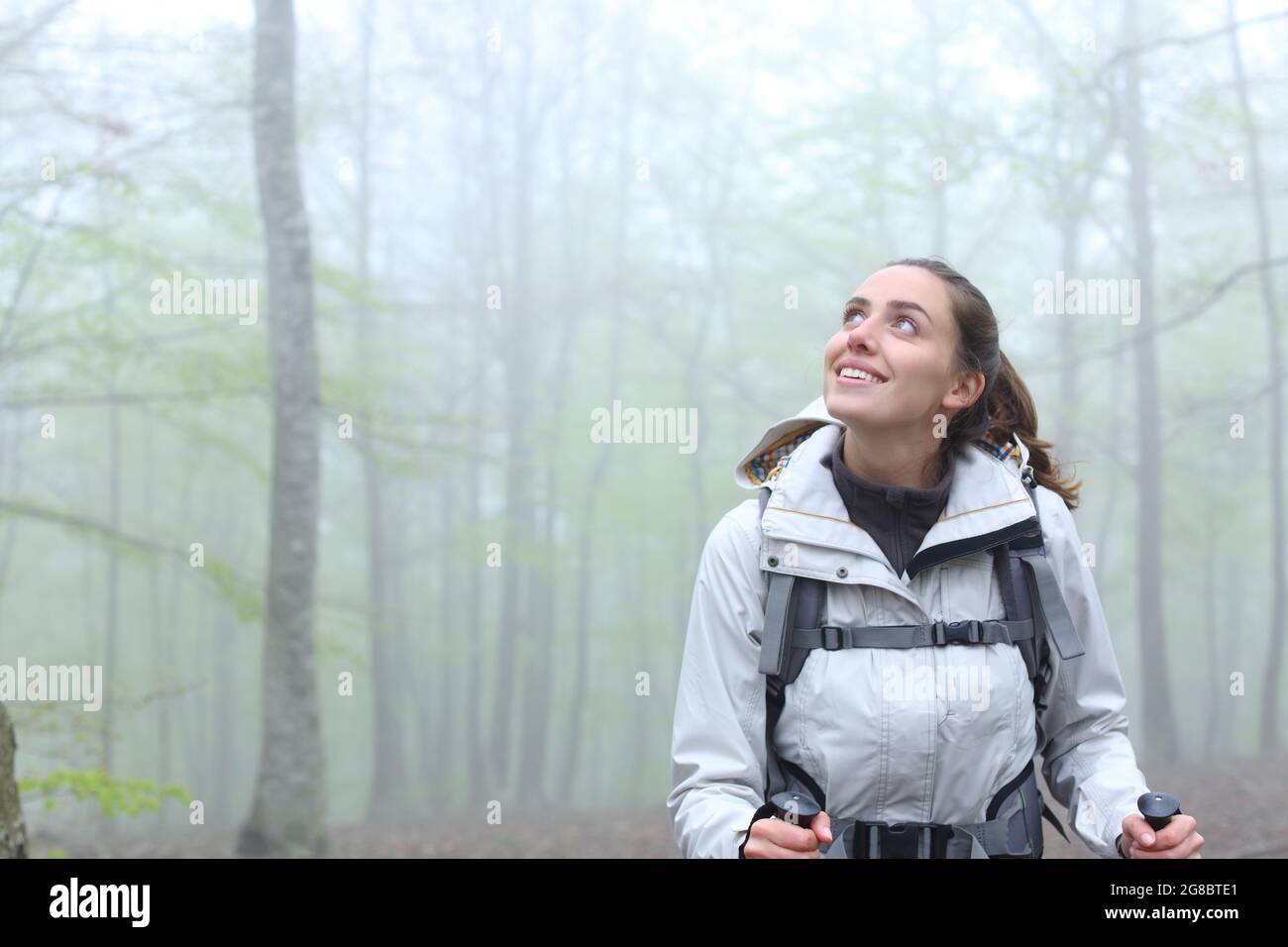 Front view portrait of an amazed trekker walking looking above in a foggy forest Stock Photo