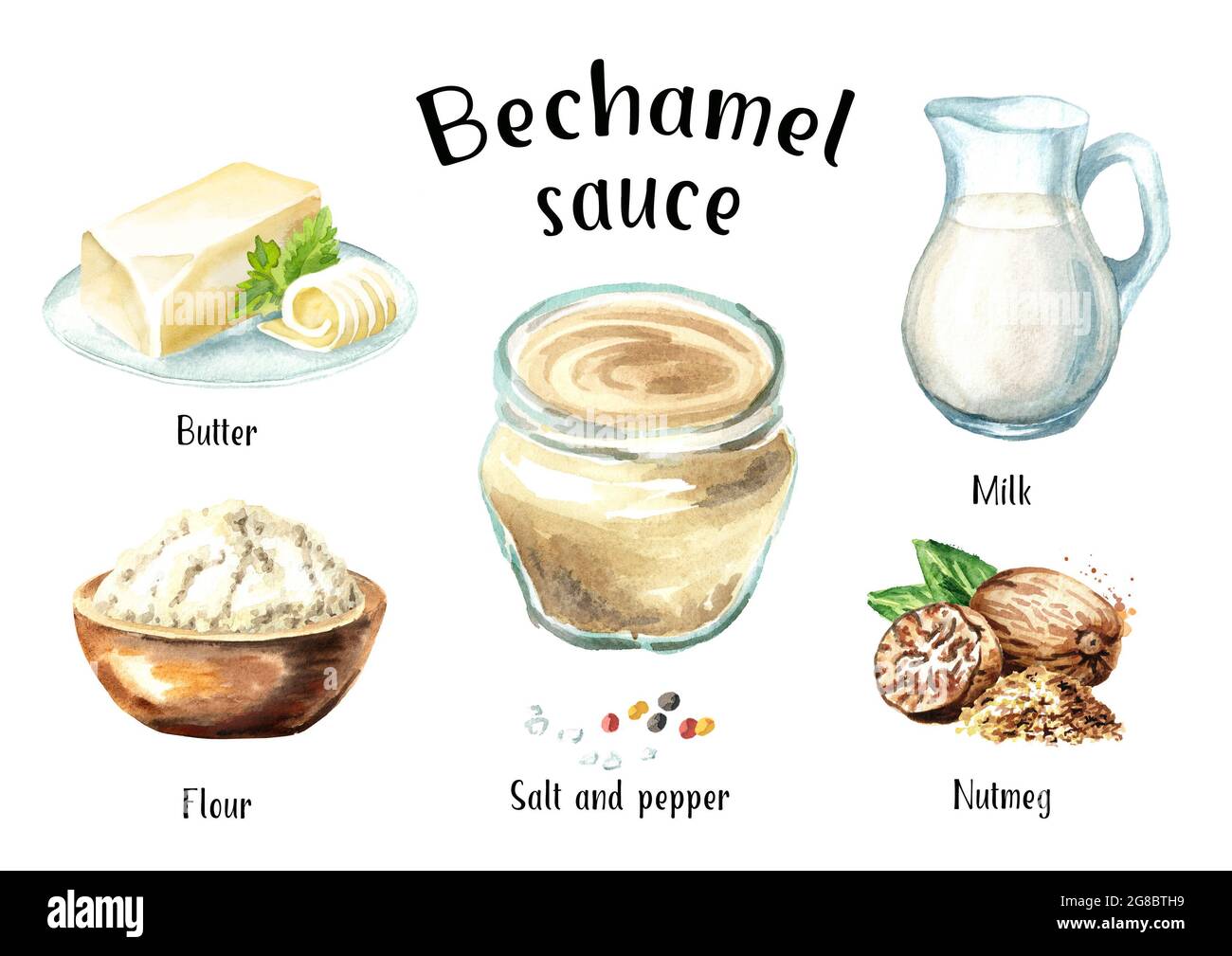 Bechamel sauce ingredients. Watercolor hand drawn illustration, isolated on white background Stock Photo