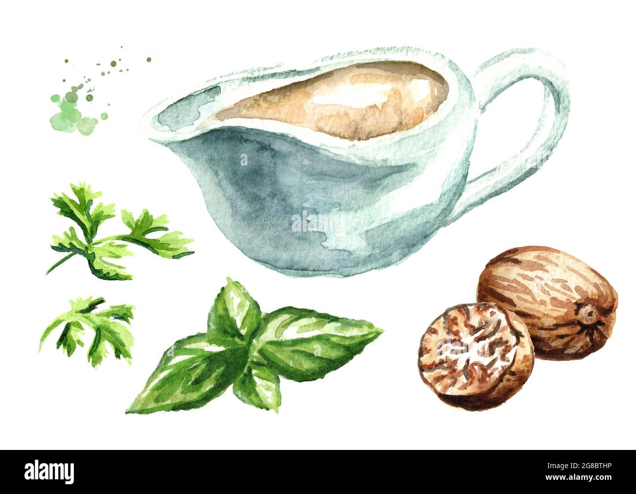Bicarmel Drawing Example Bechamel sauce set. Watercolor hand drawn illustration, isolated on ...