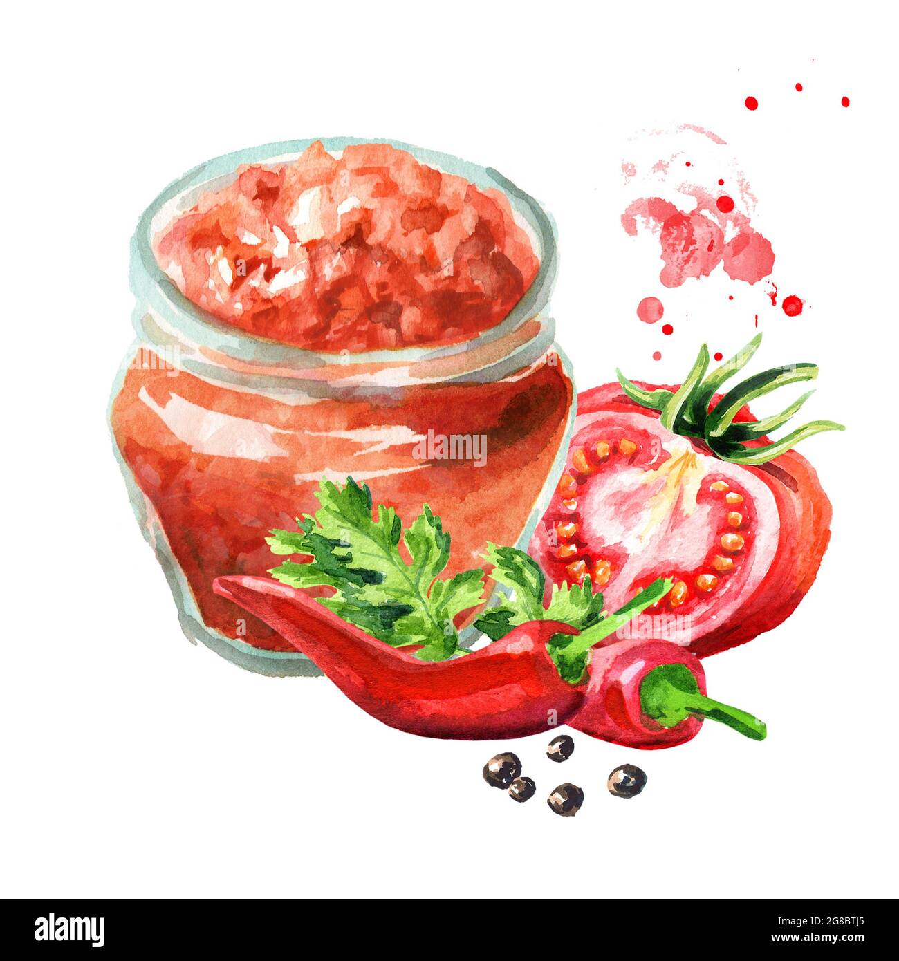 Salsa sauce in the bottle with ingredients. Watercolor hand drawn illustration  isolated on white background Stock Photo