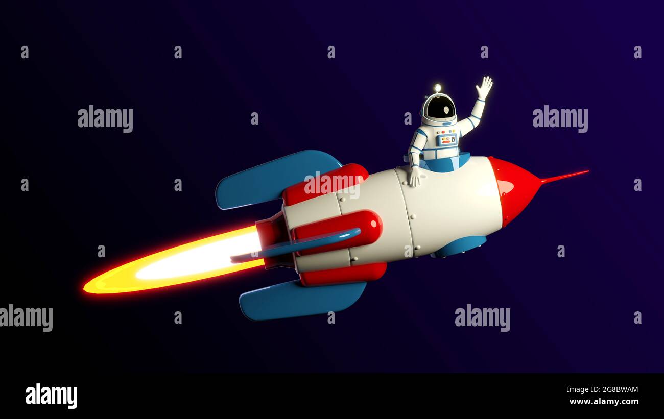 Astronaut is flying on a rocket. Spaceman in spacesuit on rocketship ...