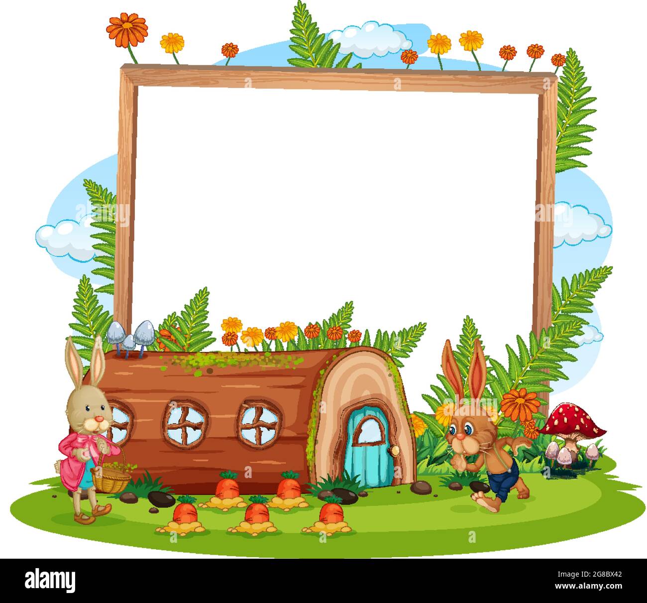 Blank banner in the garden with two rabbits isolated illustration Stock ...