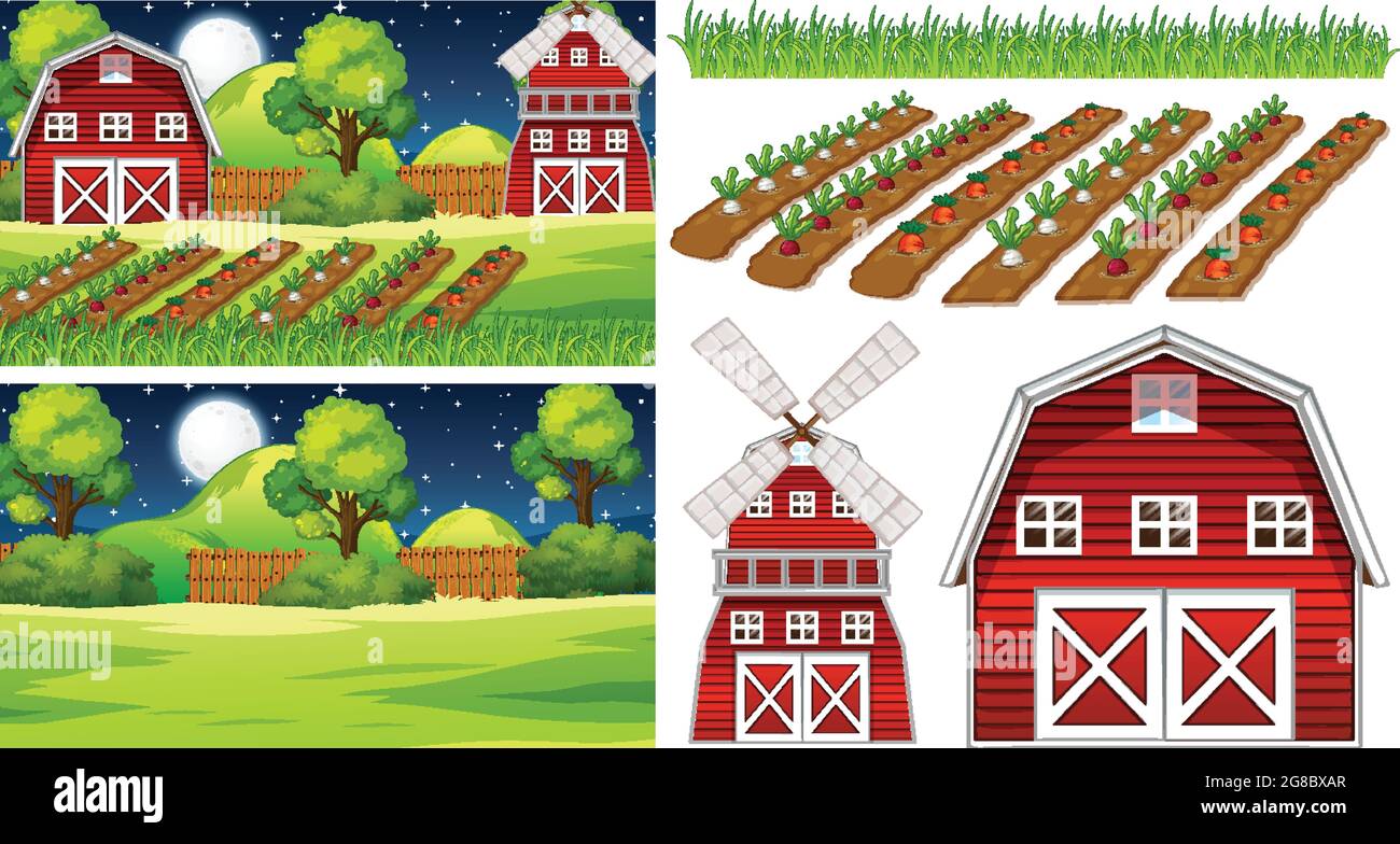 Farm element set isolated with farm scence illustration Stock Vector ...