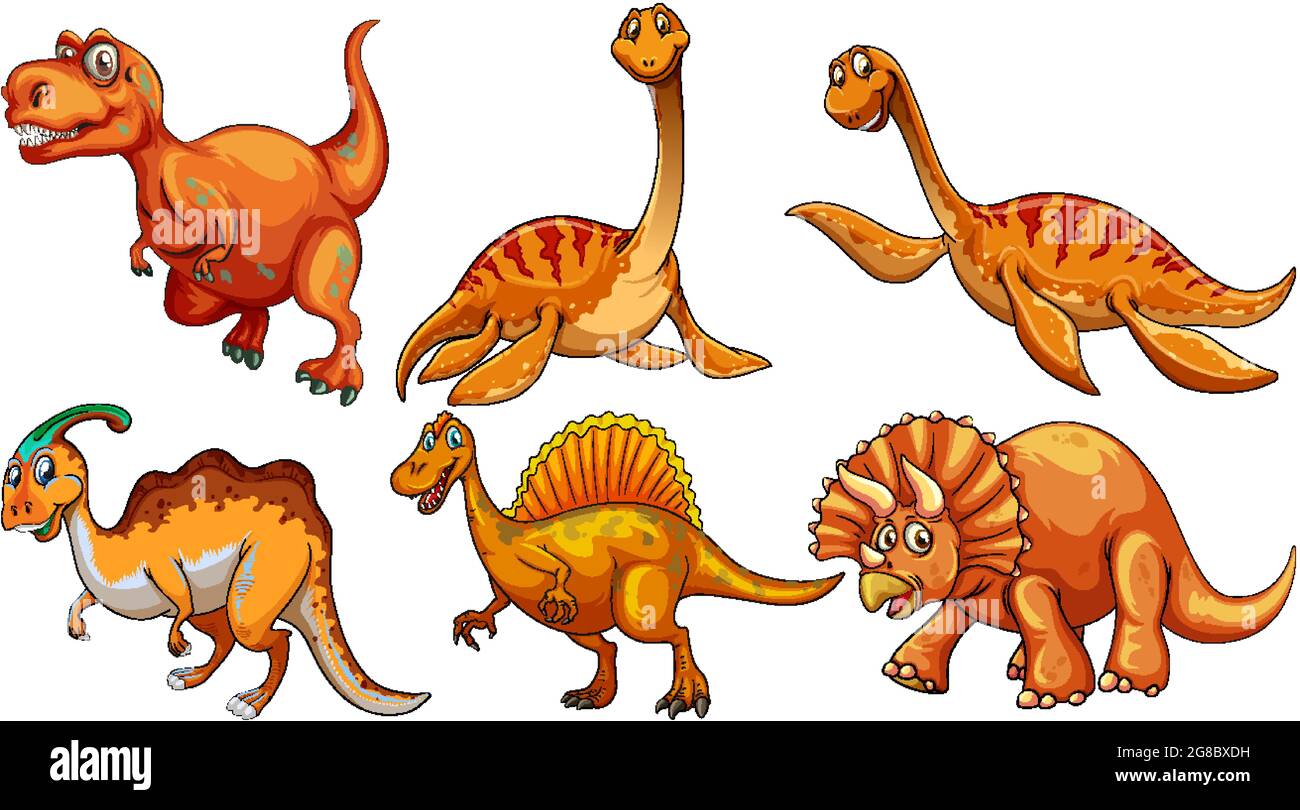 Set of orange dinosaur cartoon character illustration Stock Vector