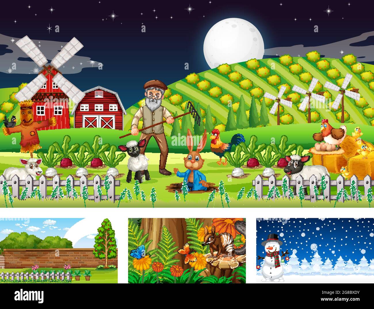 Four different nature horizontal scene  illustration Stock Vector