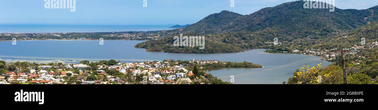 Panoramic view of the coast, town, and mountain landscape in Lagoa da Conceicao in Brazil Stock Photo