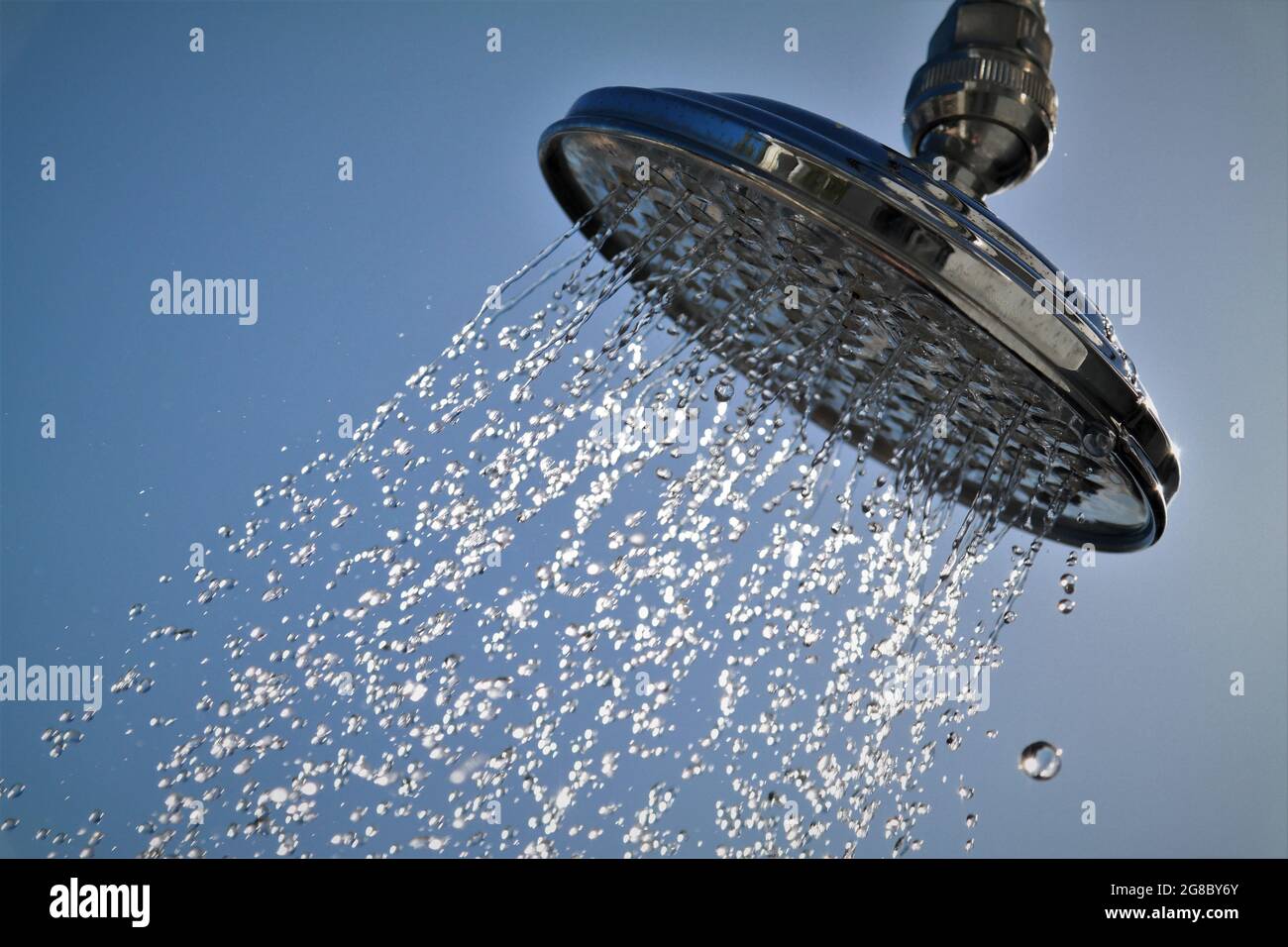 A shiny, metal shower head spraying out water droplets against a blue background Stock Photo Alamy