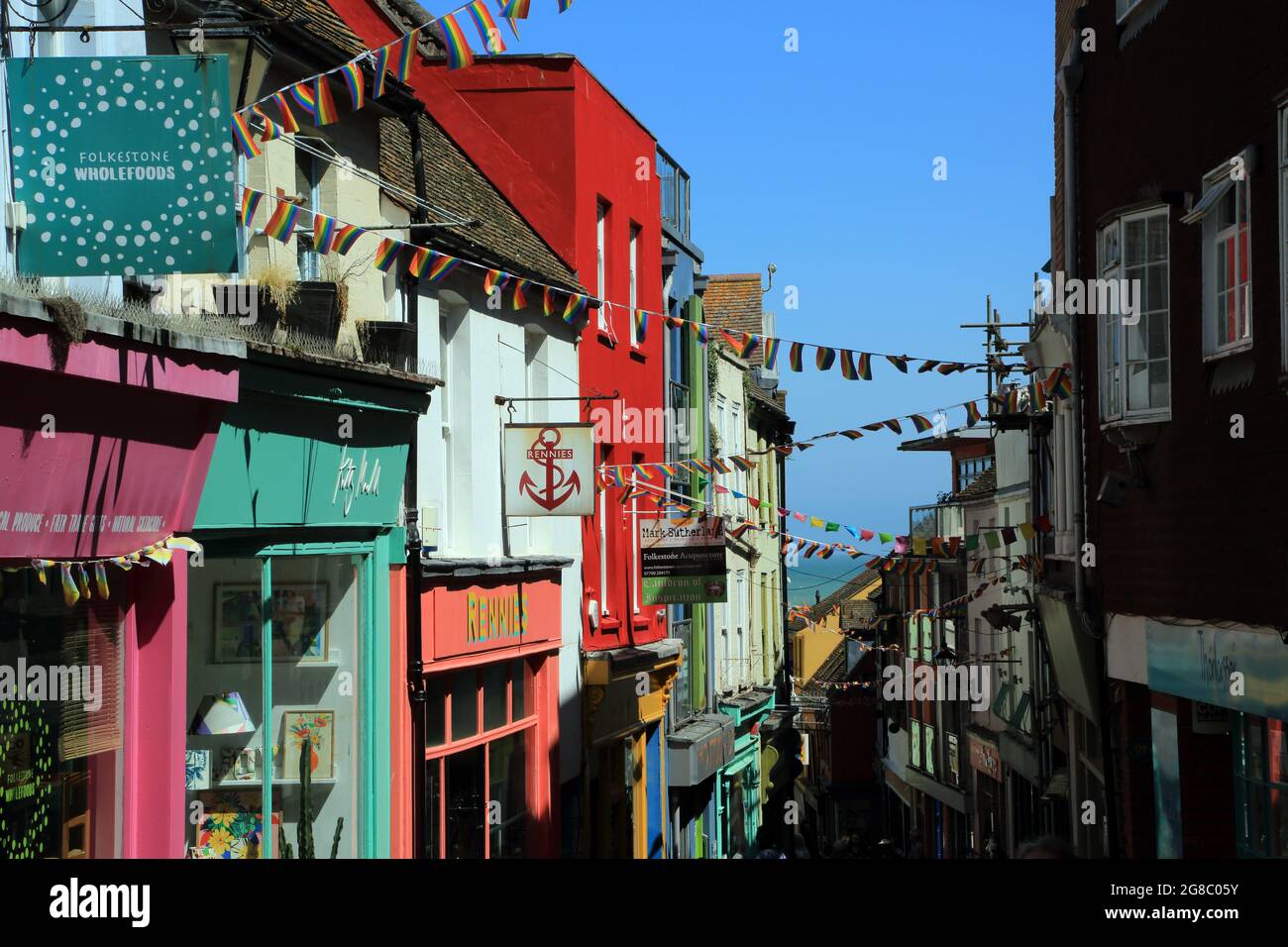 Colourful buildings and shops in The Creative Quarter, The Old High Street, Folkestone, Kent