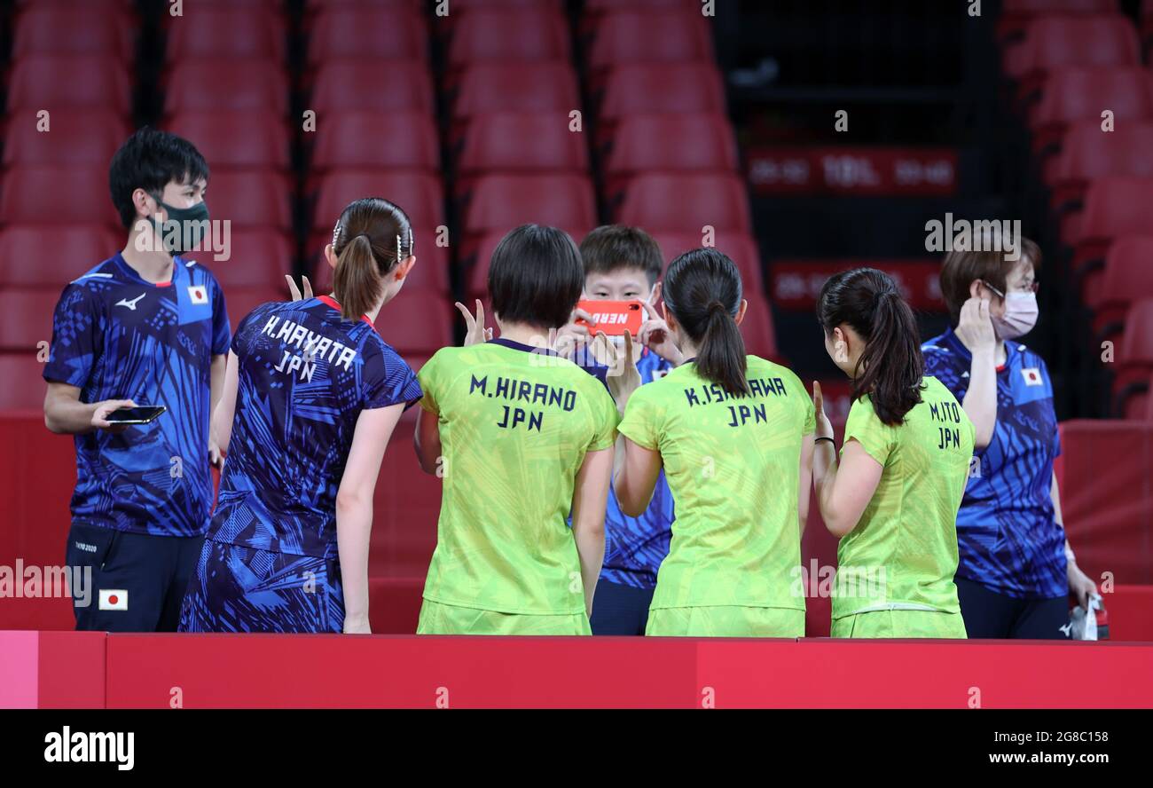 Tokyo, Japan. 19th July, 2021. Members of Japanese table tennis team pose for a photo before a