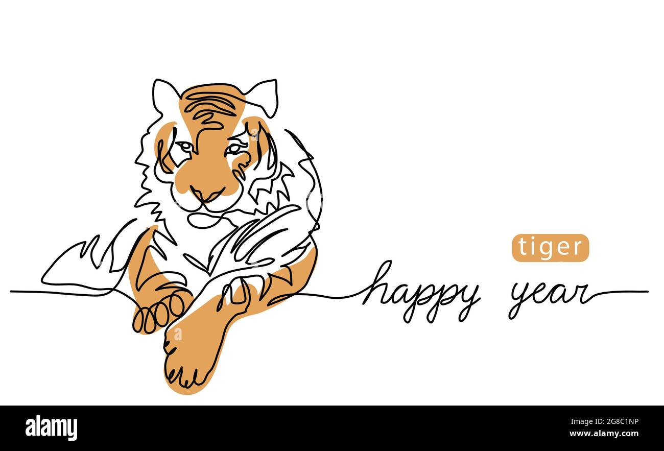 Happy tiger year. One continuous line art drawing of the tiger. Vector color illustration, greeting banner, poster. Chinese new year background Stock Vector