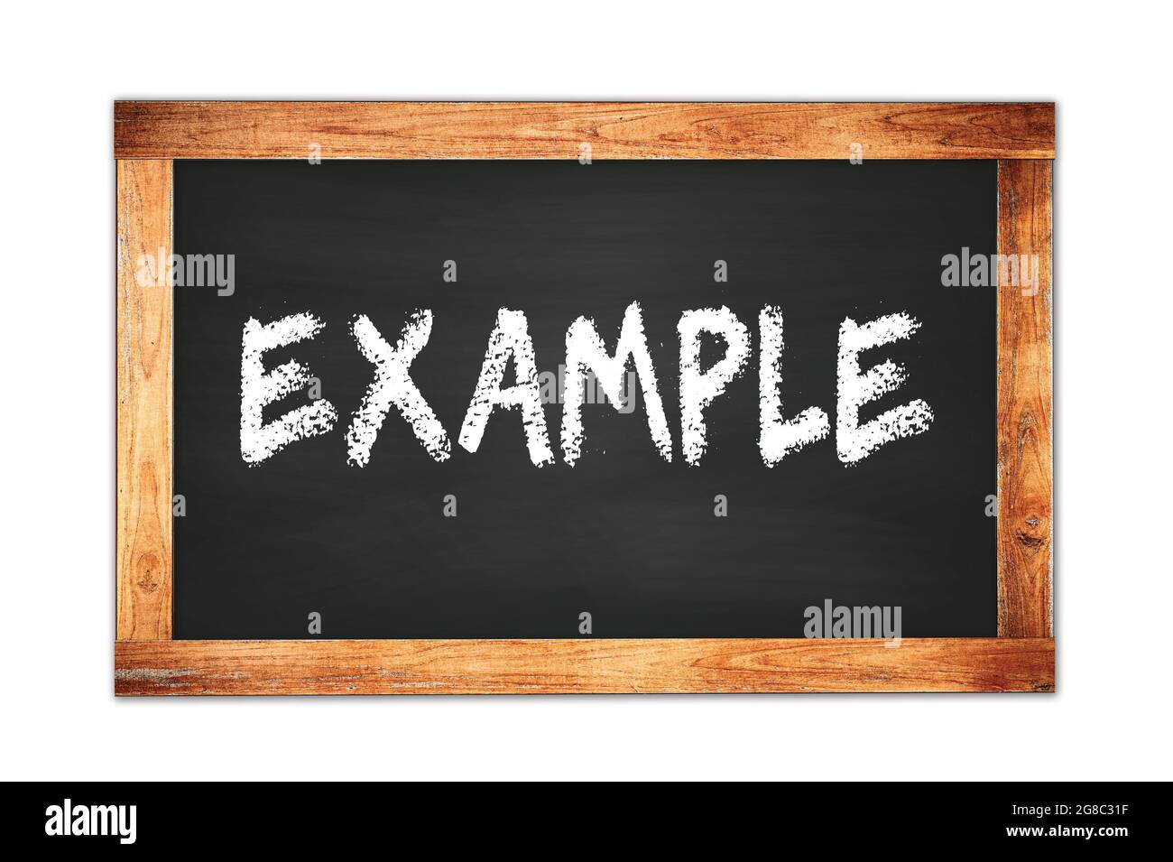 EXAMPLE text written on black wooden frame school blackboard. Stock Photo