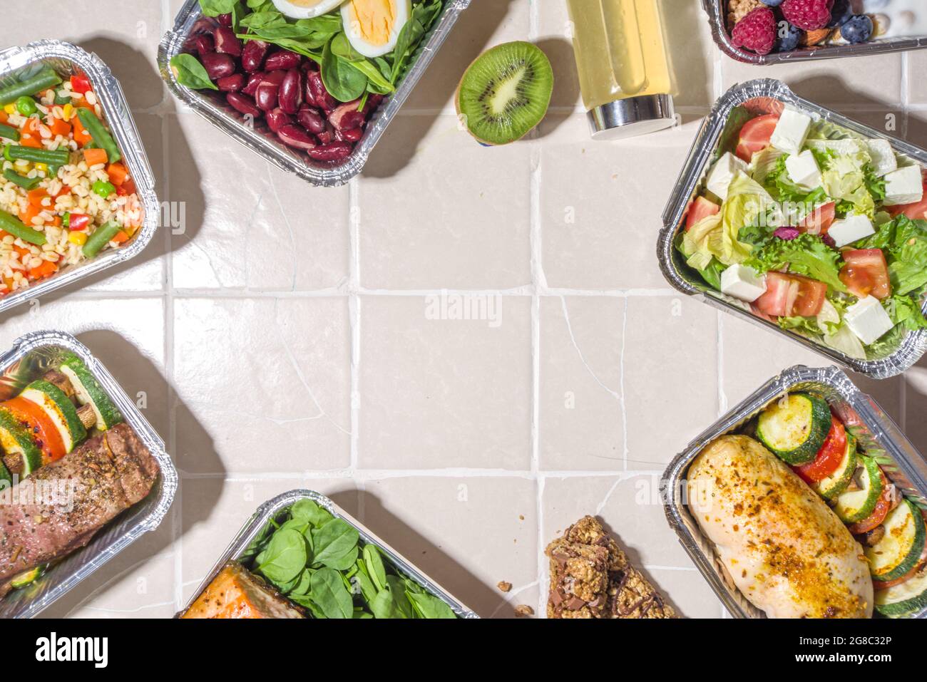 Healthy catering menu, courier food delivery lunch boxes. Beef steak ...