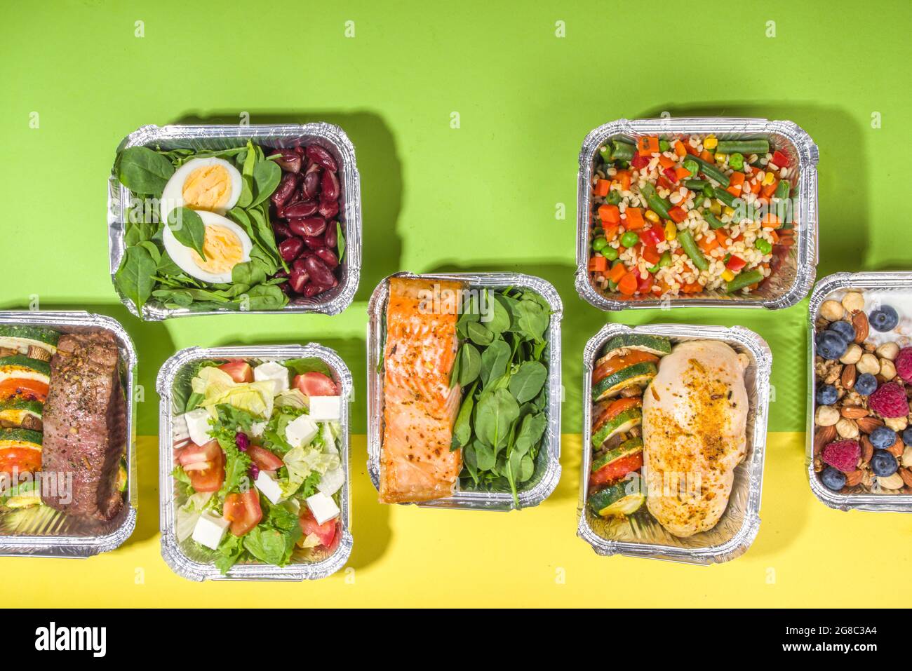 Healthy catering menu, courier food delivery lunch boxes. Beef steak ...