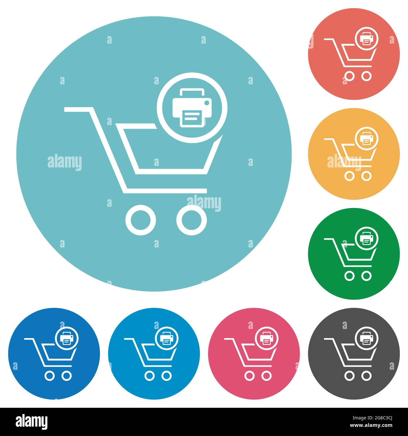 Print cart items flat white icons on round color backgrounds Stock ...