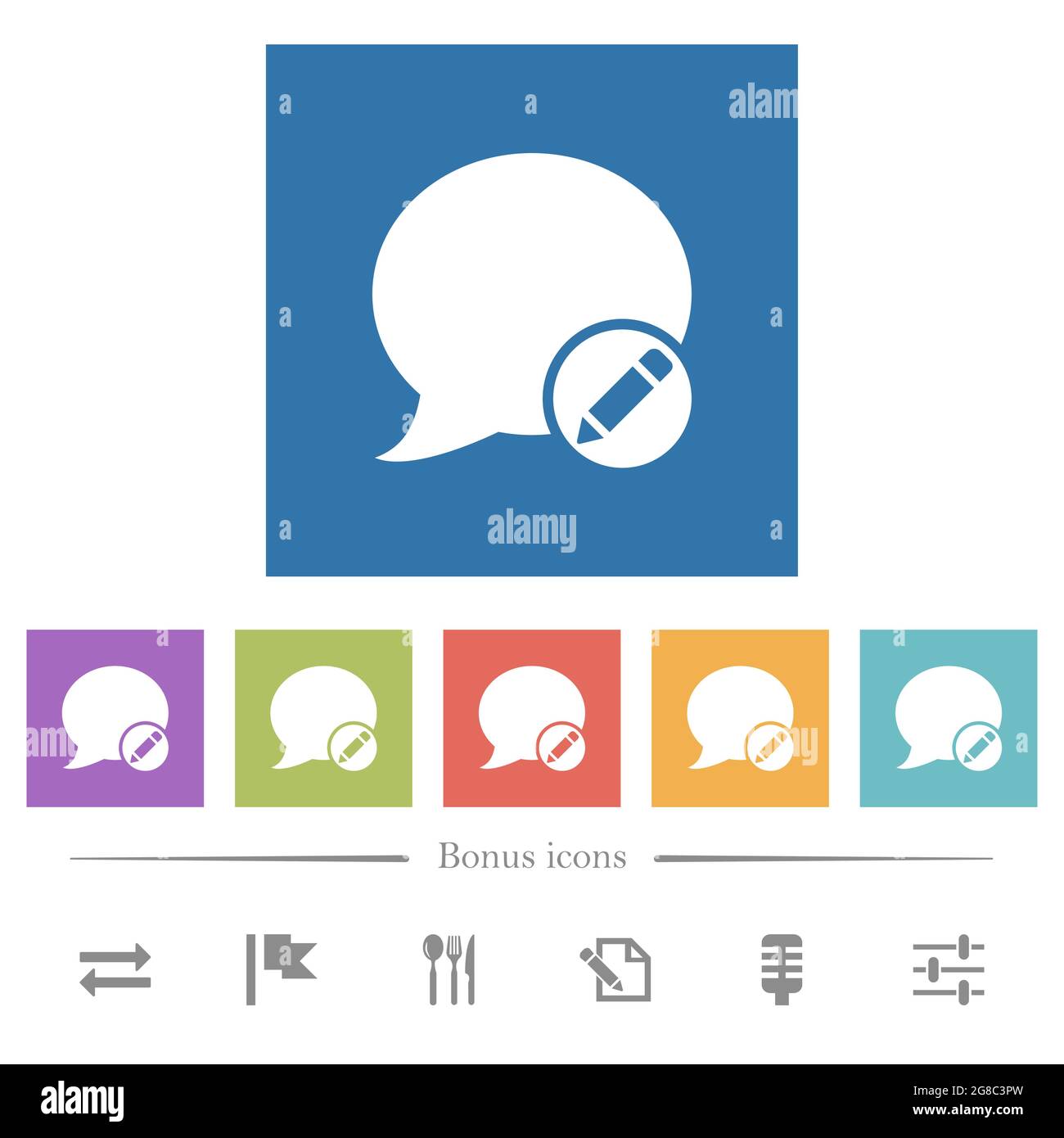 Moderate blog comment flat white icons in square backgrounds. 6 bonus ...