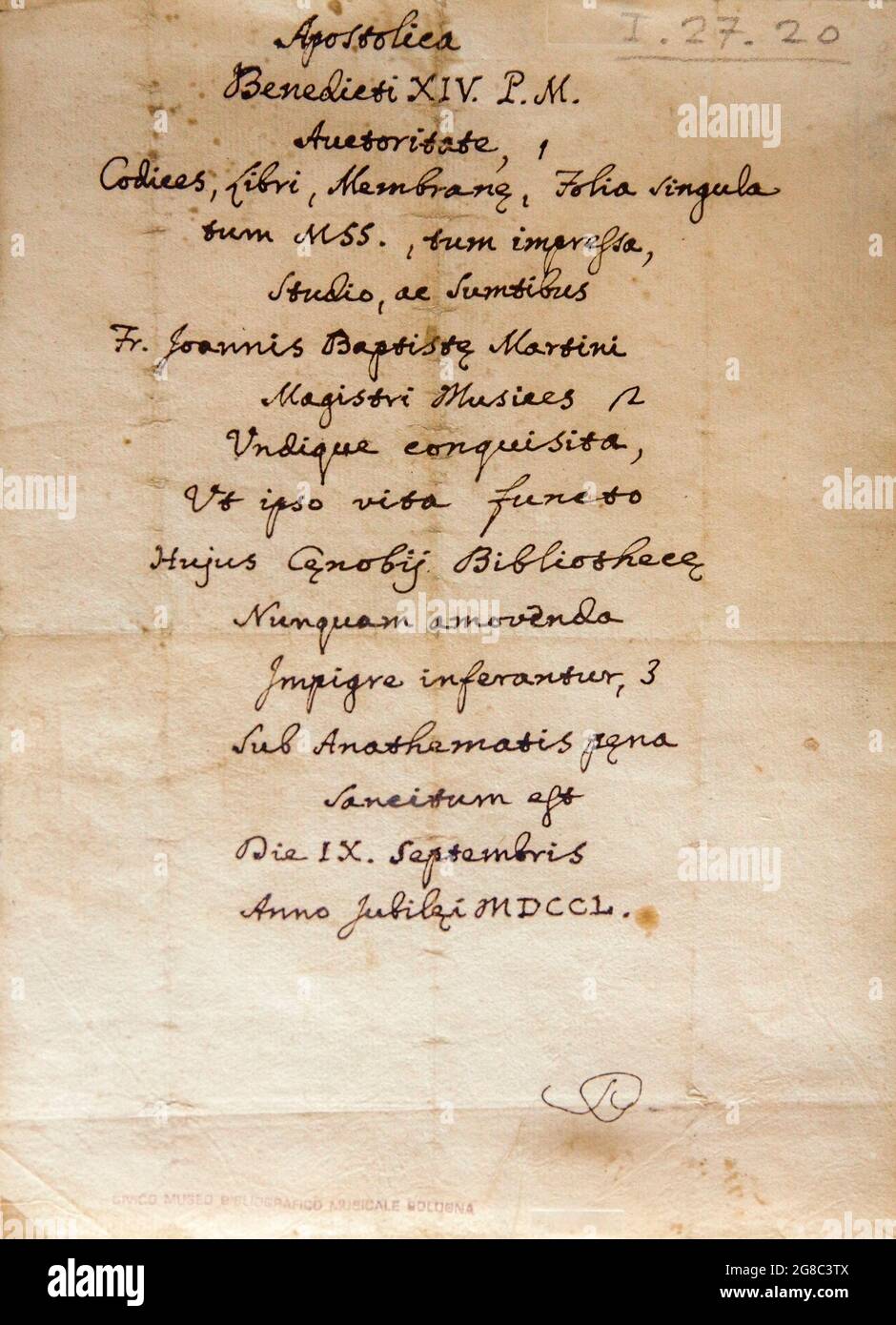 Italy Emilia Romagna Music museum Bologna - Music museum - letter to  pope Benedetto XIV  of Giovanbattista Martini Stock Photo