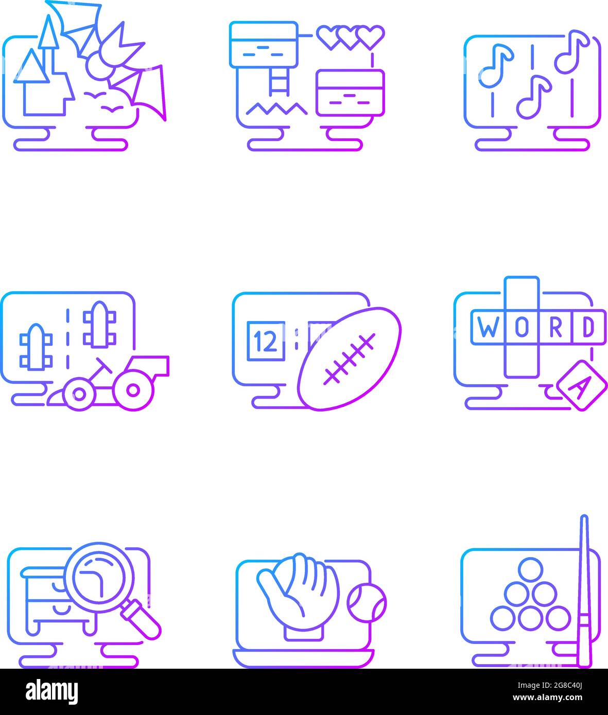 Online simulators gradient linear vector icons set Stock Vector