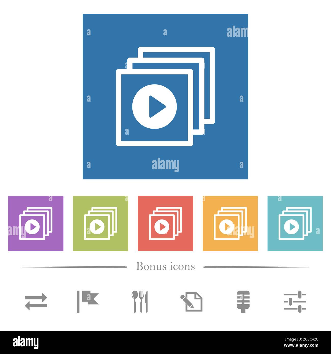 Play files flat white icons in square backgrounds. 6 bonus icons ...