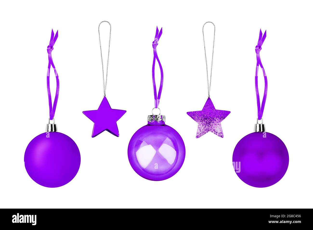 Purple Christmas tree decorations set white background isolated closeup