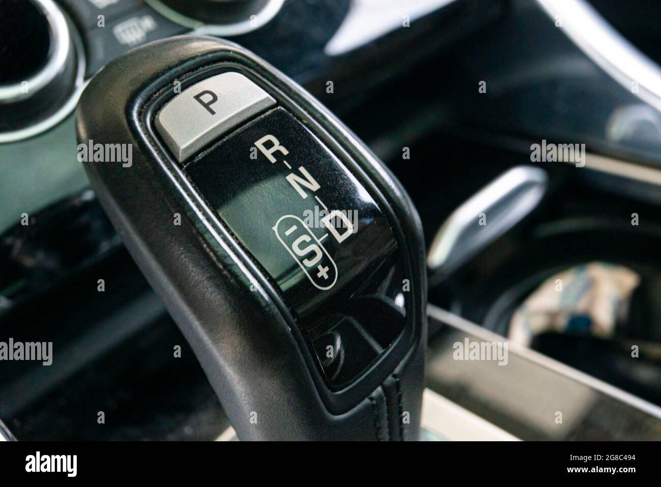 Automatic gearshift lever detail macro shot with selective focus Stock Photo
