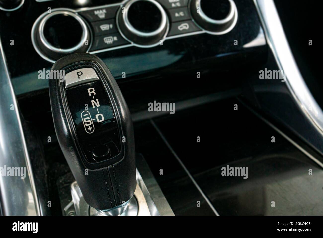 Automatic gearshift lever detail macro shot with selective focus Stock Photo