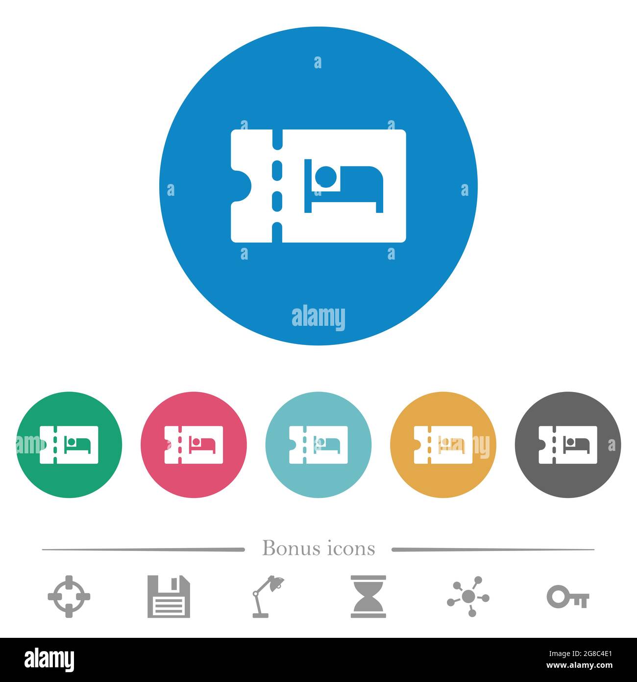 Accommodation discount coupon flat white icons on round color backgrounds. 6 bonus icons included. Stock Vector