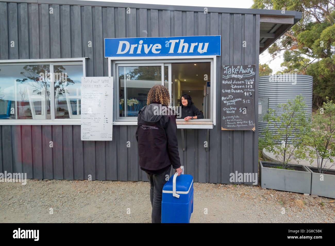 Get Shucked Oysters on Bruny Island on the south eastern tip of Tasmania, Australia claim to have the world's first Oyster Drive-Through. Stock Photo