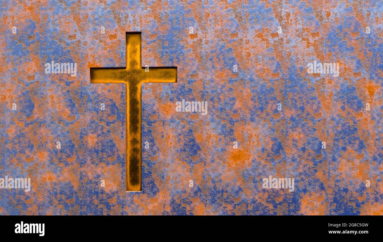 Concept or conceptual golden cross on a rusted corroded metal or steel sheet background. 3d illustration metaphor for God, Christ, religious, faith Stock Photo