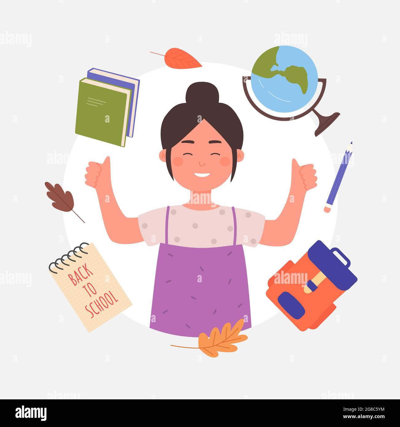 Back to school concept with happy asian girl student vector illustration. Cartoon avatar profile portrait young schoolgirl character standing smile and stationary for schooling, education background Stock Vector