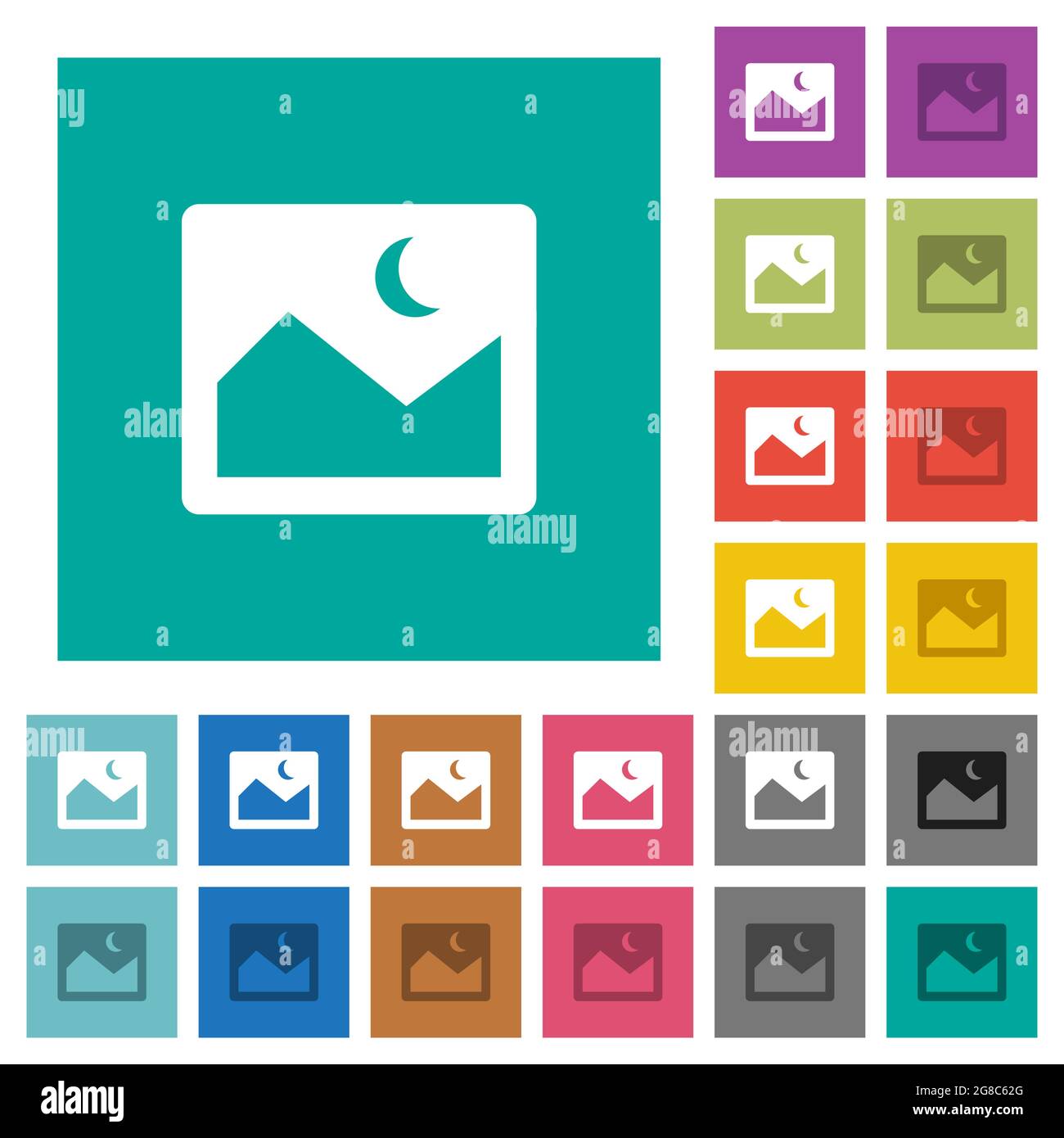 Night landscape multi colored flat icons on plain square backgrounds. Included white and darker icon variations for hover or active effects. Stock Vector