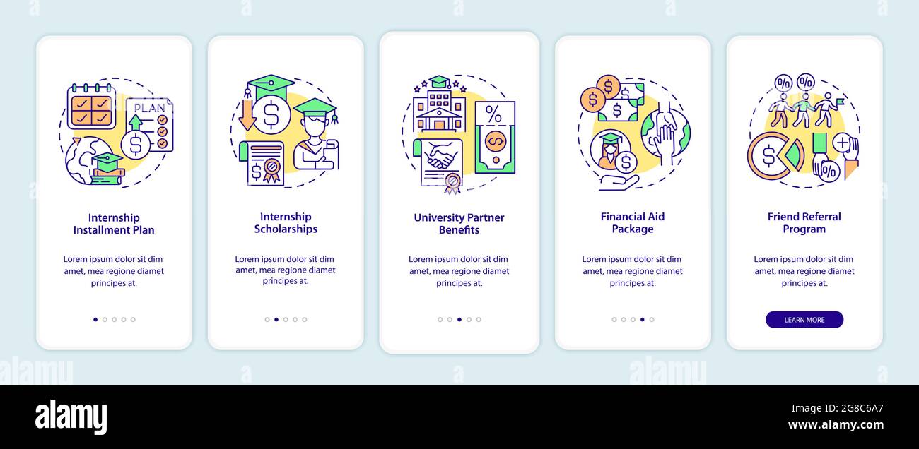 Internship programs financing options onboarding mobile app page screen Stock Vector