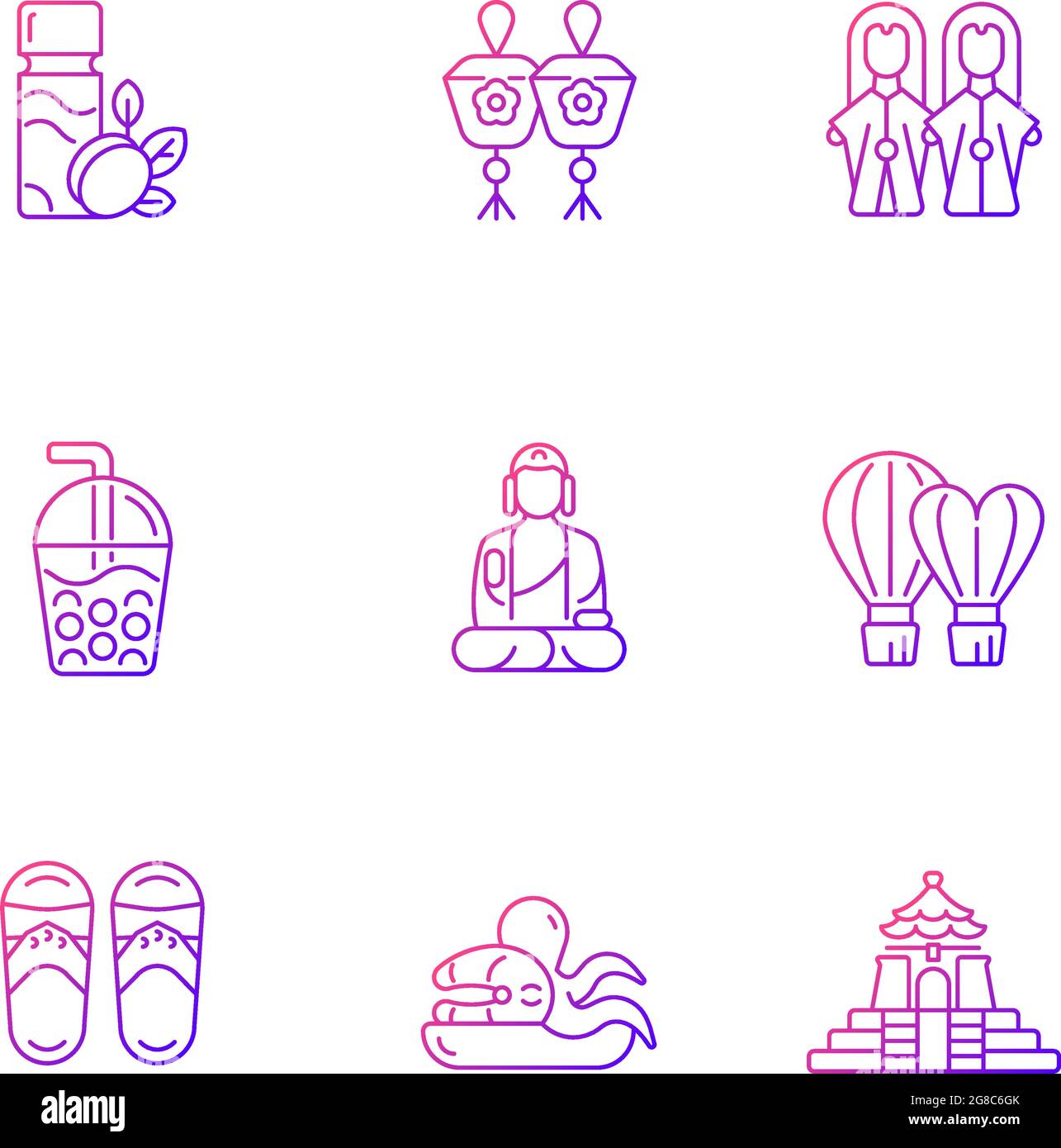 Traditional taiwanese gradient linear icons set. Stock Vector