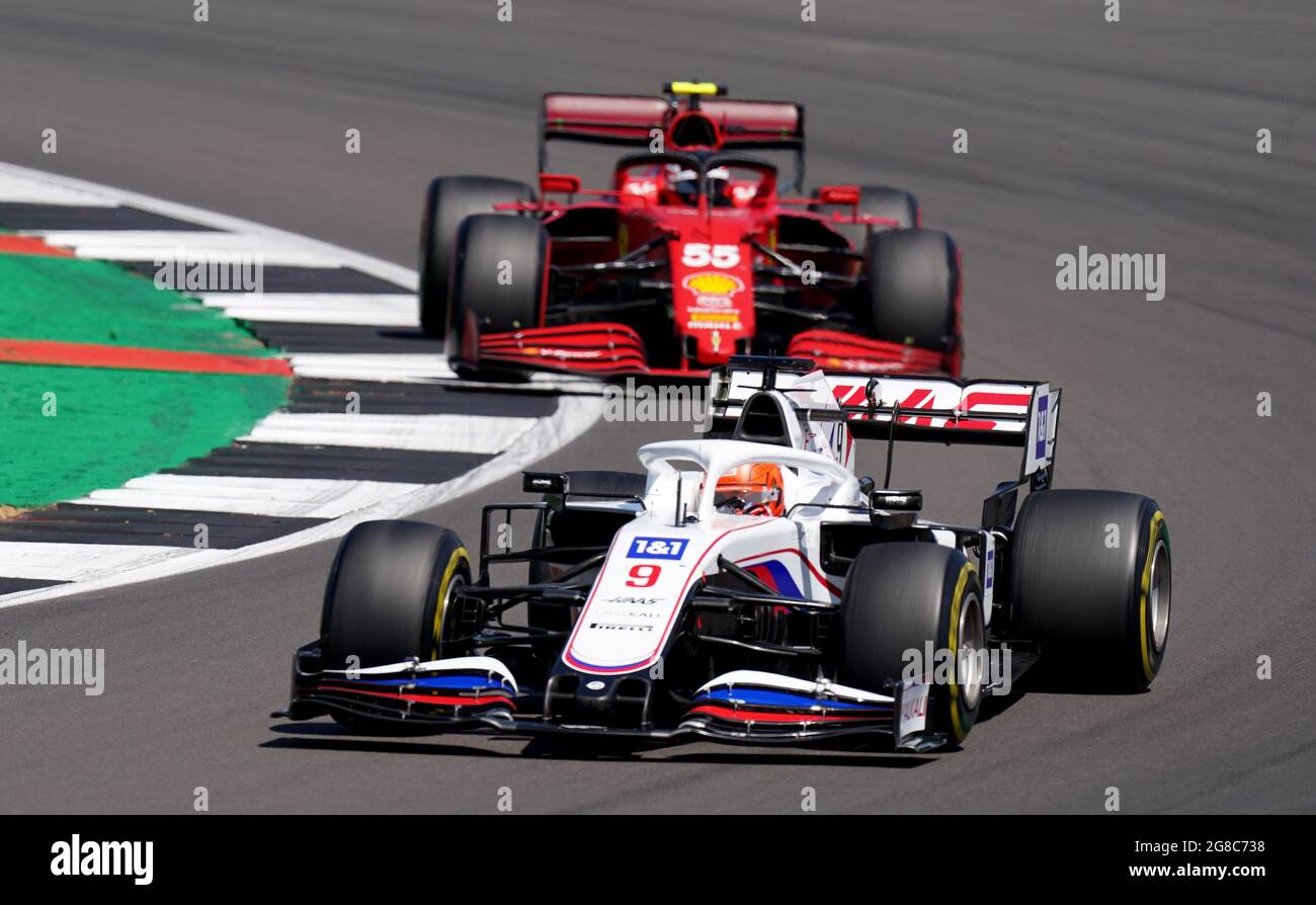 Haas F1 Team's Nikita Mazepin ahead of Ferrari's Carlos Sainz during practice for the British Grand Prix at Silverstone, Towcester. Picture Date: Saturday July 17, 2021. Stock Photo