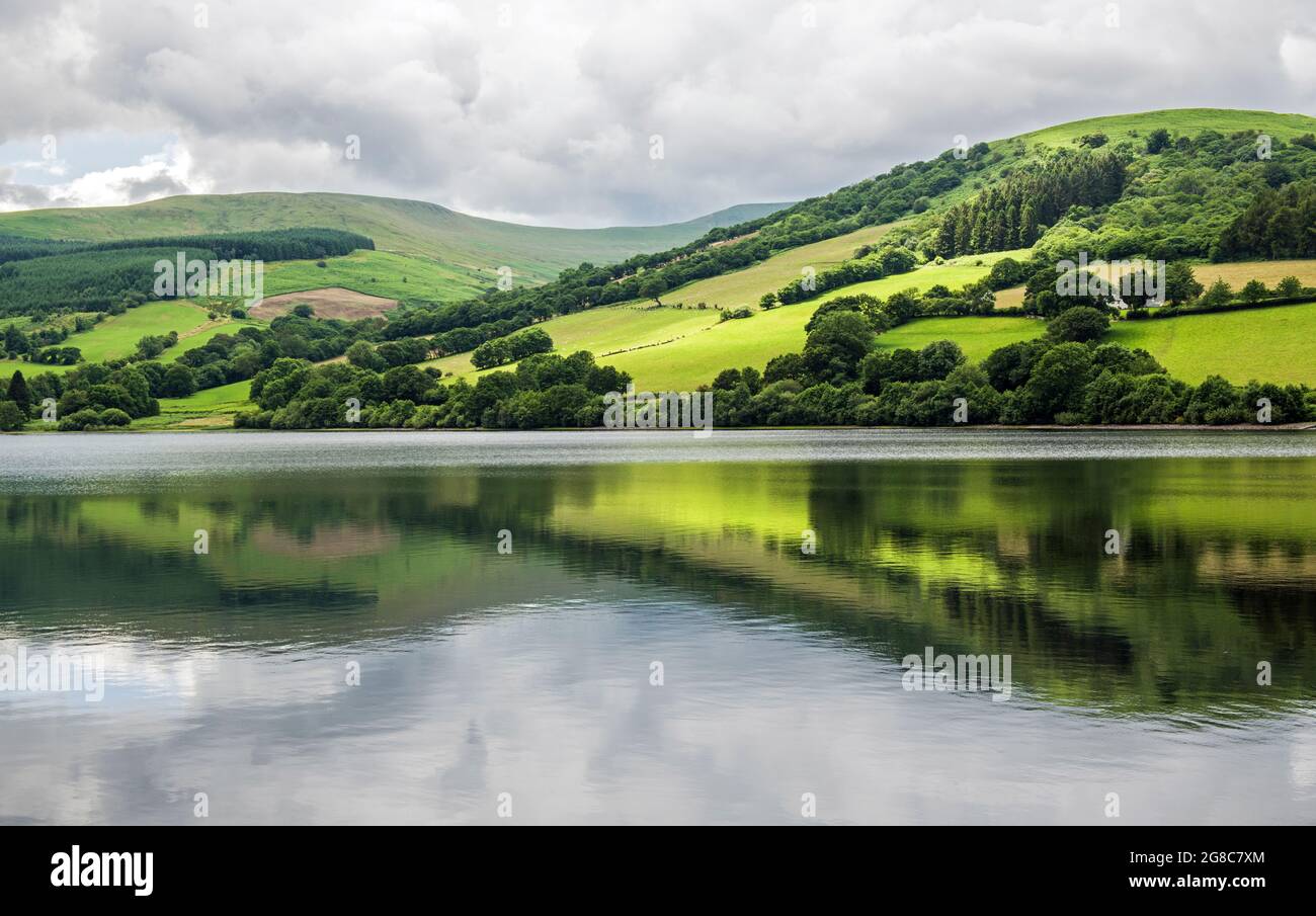 Talybont Reservoir and reflections on a summer day in July in the Brecon Beacons National Park Stock Photo