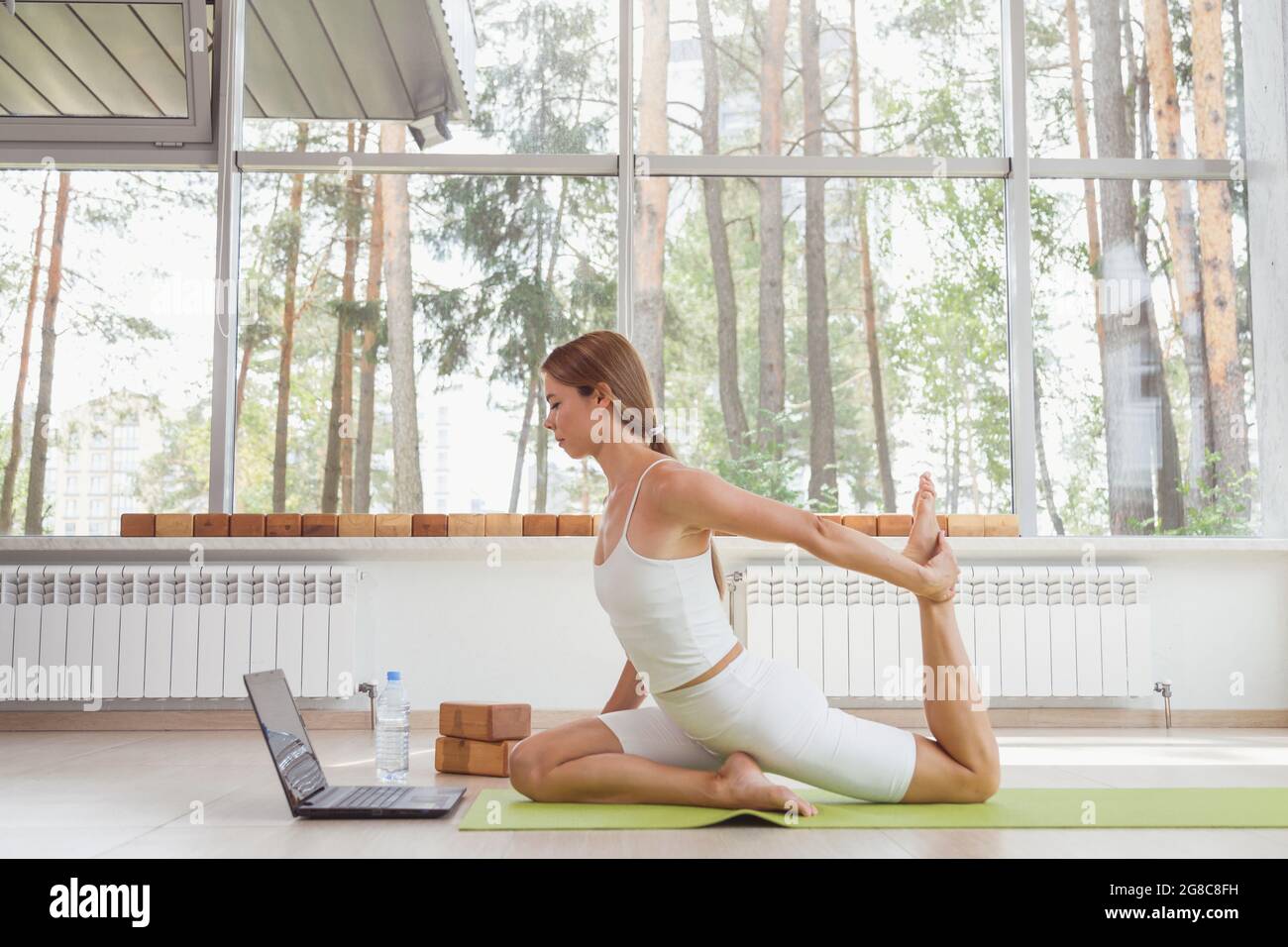 Young fit woman in sportswear doing sport or yoga online with laptop. Remote workouts, online trainer. Stock Photo