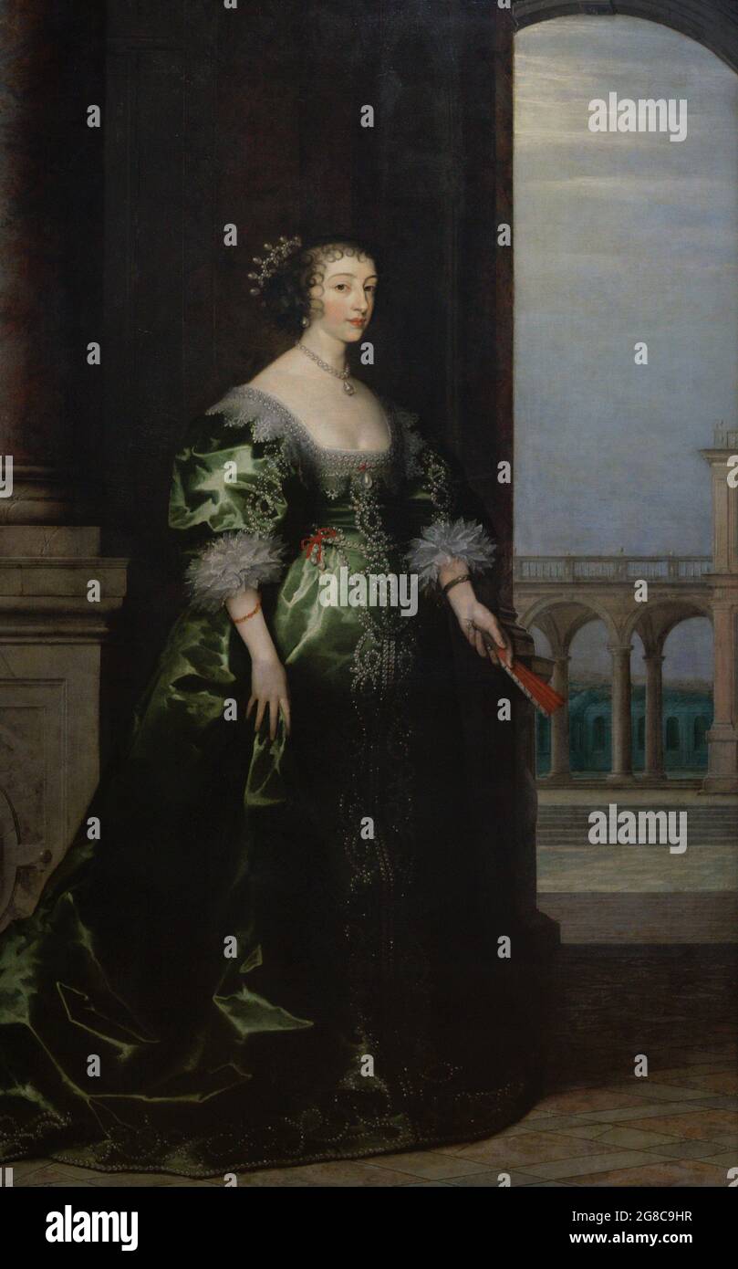 Henrietta Maria (1609-1669). Queen consort of England, Scotland and Ireland. French wife of King Charles I of England. Portrait by unknown artist. Background by Hendrik van Steenwyck the younger (ca.1580-1649). Oil on canvas (215,9 x 135,2 cm), ca.1635. National Portrait Gallery. London, England, United Kingdom. Stock Photo