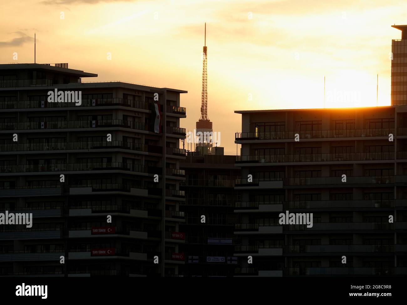 The Tokyo Tower is seen through the 2020 Tokyo Olympic Games Athletes' Village in Tokyo, Japan, July 19, 2021. REUTERS/Naoki Ogura Stock Photo