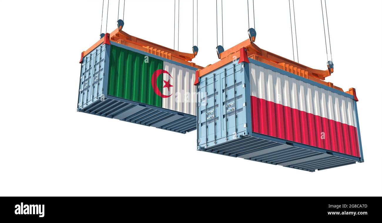 Freight containers with Algeria and Poland flag. 3D Rendering Stock Photo
