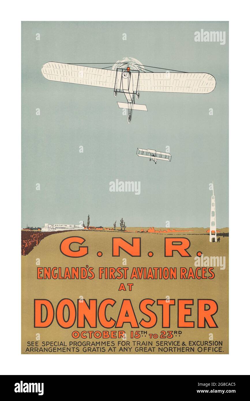Vintage aviation poster, G.N.R. (Great Northern Railway) England's first aviation races at Doncaster. 1909. Stock Photo
