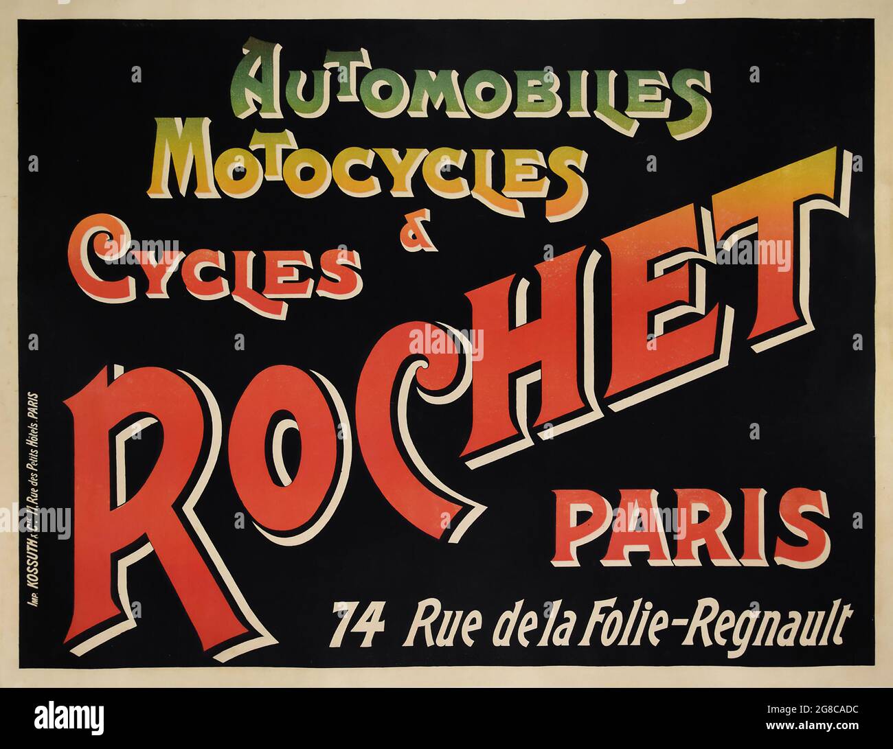 Automobiles, Motocycles & Cycles ROCHET Paris, classic and vintage sign / poster. Circa 1890. Stock Photo