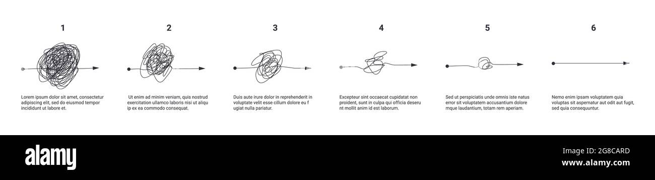 Complex and simple line path set. Scribble line knot from complicated to simplicity shape Stock Vector