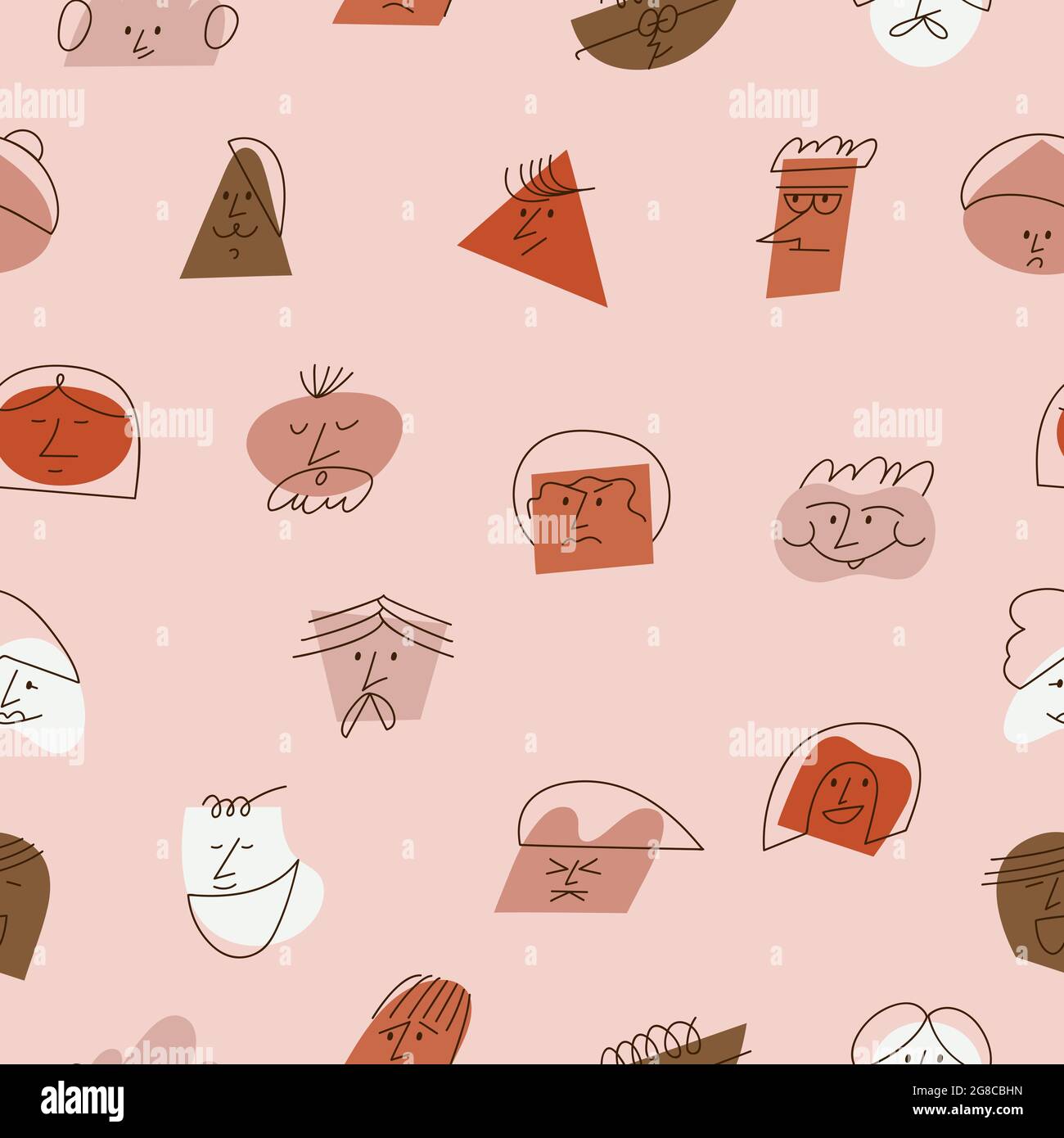 Vector illustration contemporary abstract faces with different emotions. Different colorful characters. Seamless pattern. Stock Vector