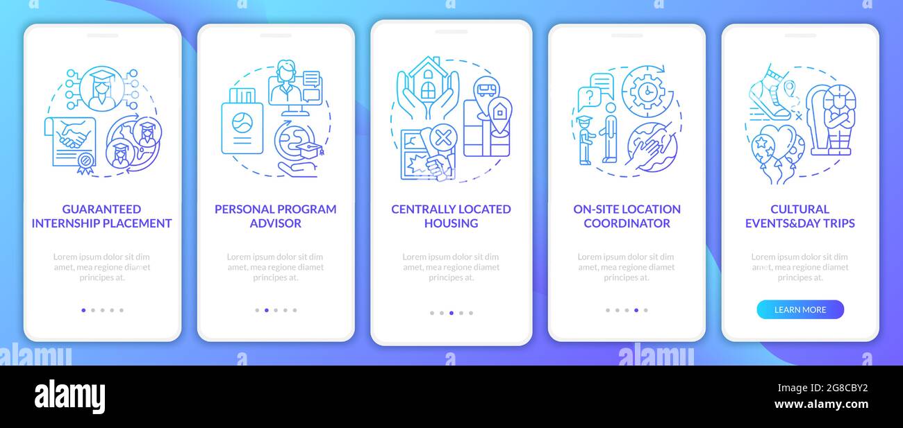 Traineeship program benefits onboarding mobile app page screen Stock Vector