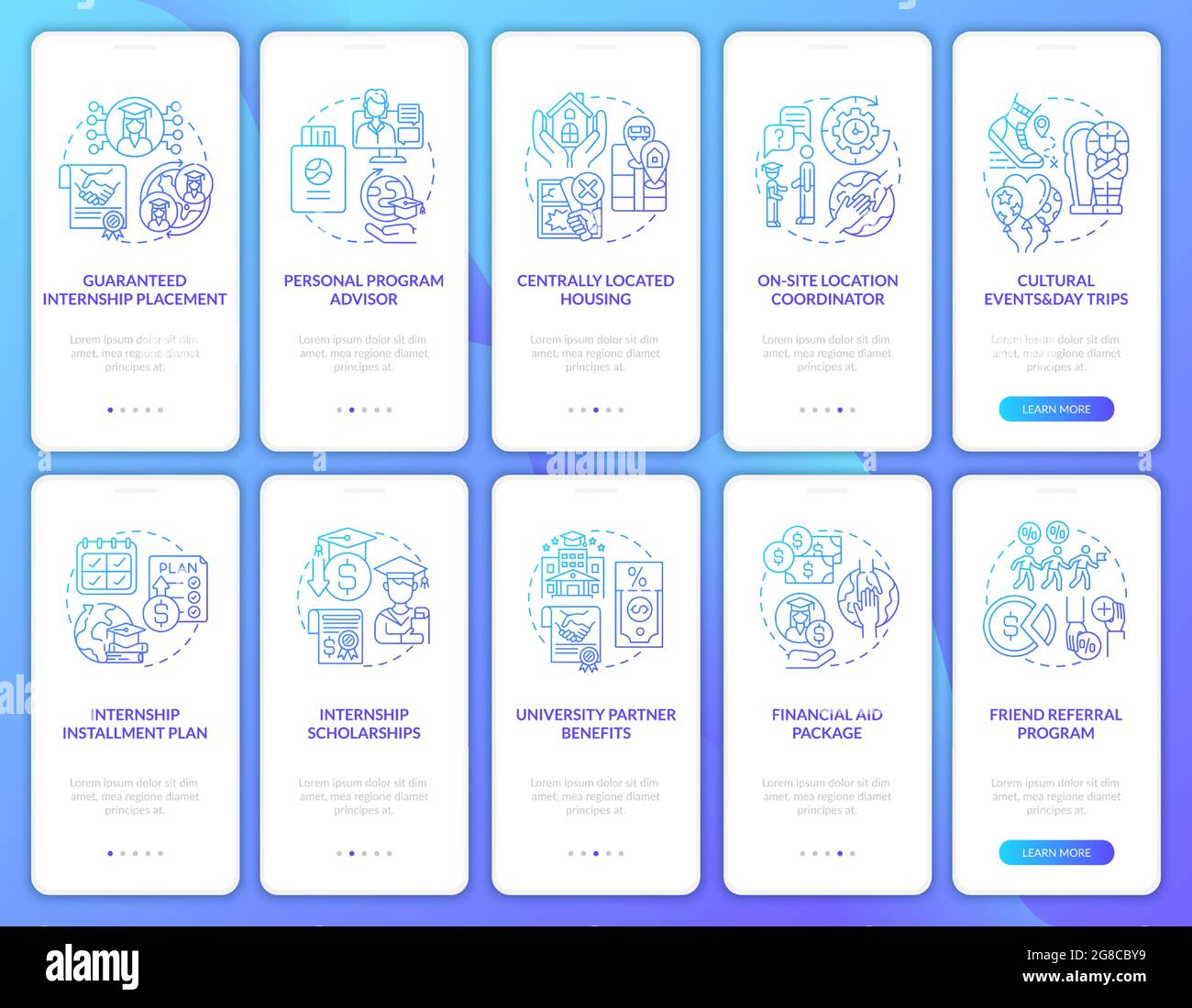 Traineeship programs onboarding mobile app page screens set Stock Vector