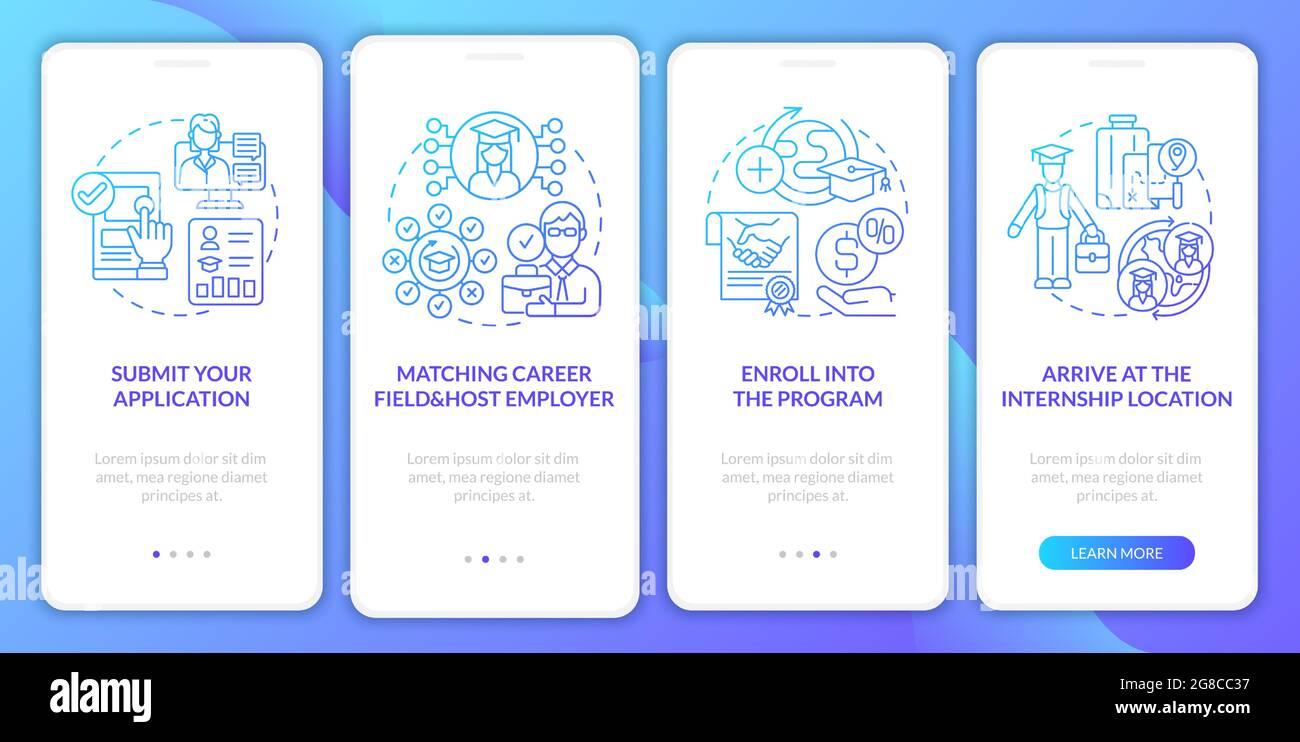 Internship overseas procedure onboarding mobile app page screen Stock Vector