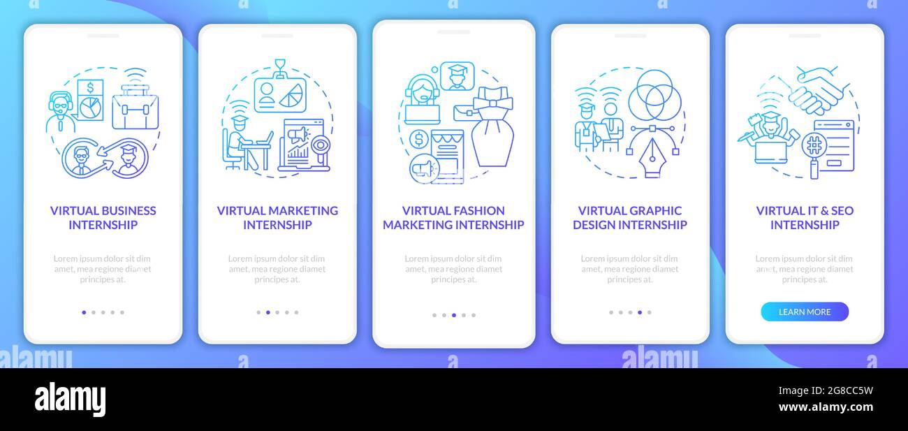 Top distant internship areas onboarding mobile app page screen Stock Vector