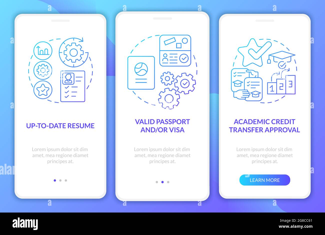 Internship overseas conditions onboarding mobile app page screen Stock Vector